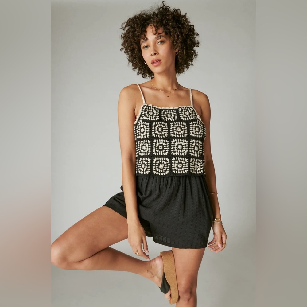 Lucky Brand Black and Cream Crochet-Top Romper